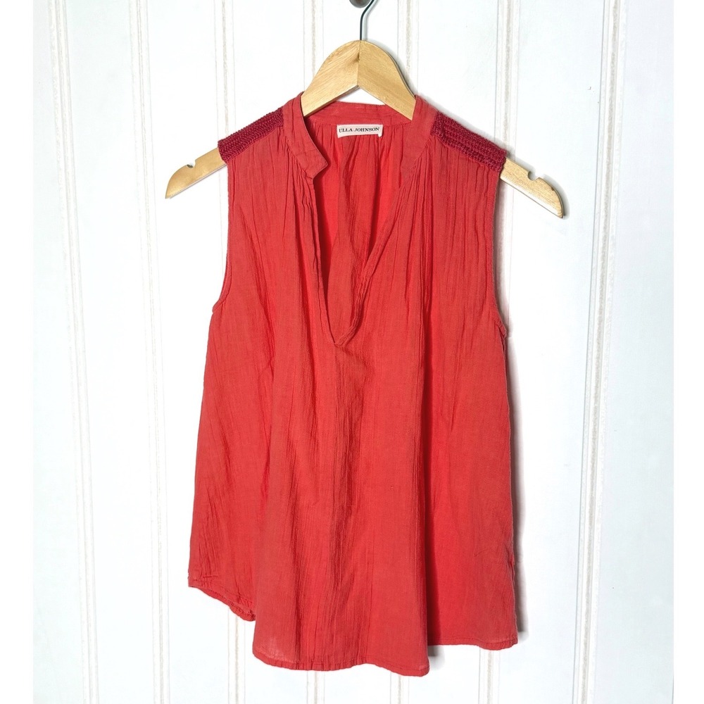 Ulla Johnson Coral Red Cotton Gauze Crochet Shoulder Sleeveless Blouse Top 270